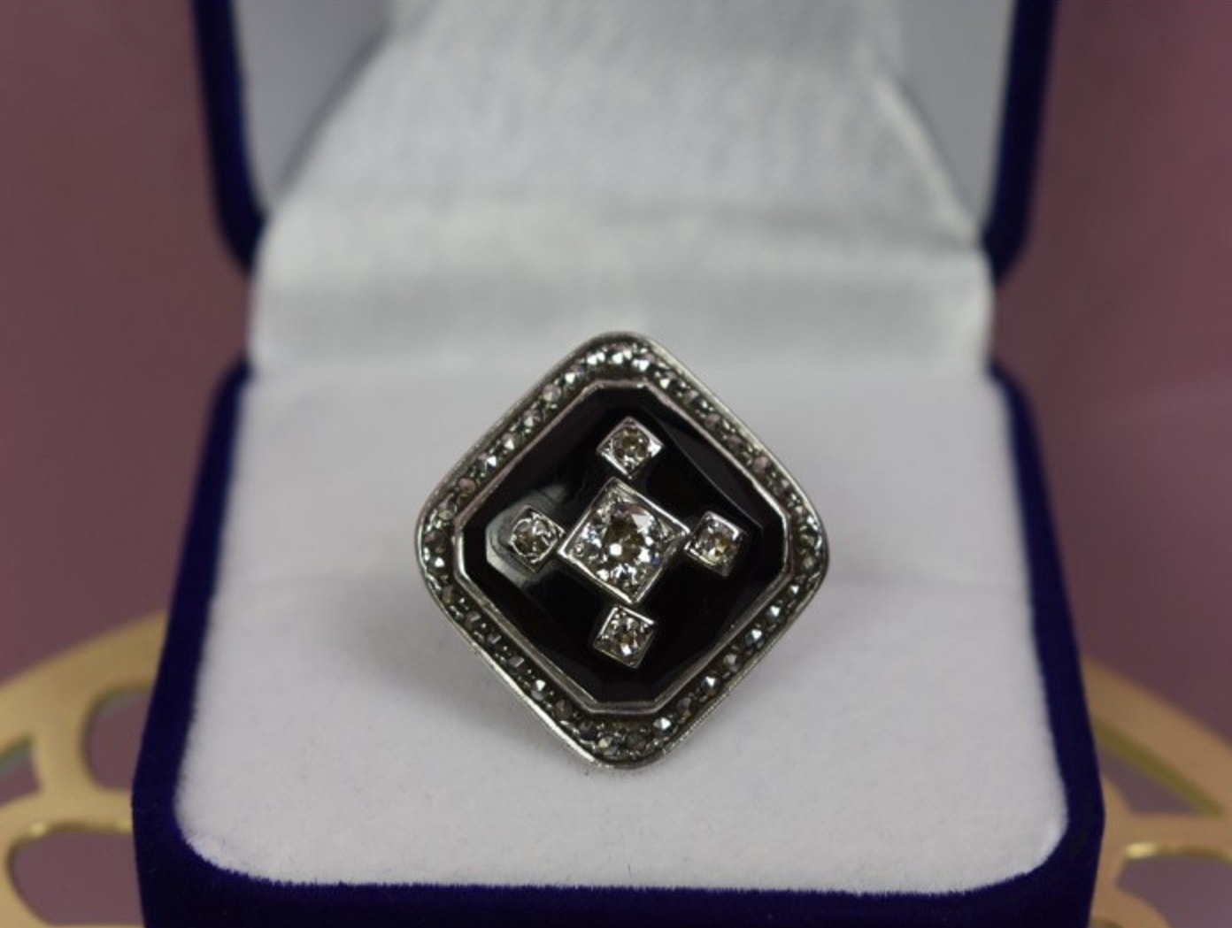 925 Sterling Silver Black Jade, Colorless Sapphire & Marcasite Ring Size 5.5